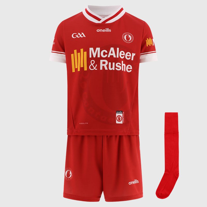 Red Tyrone GAA Alternative mini kit with jersey, shorts and socks by O’Neills.