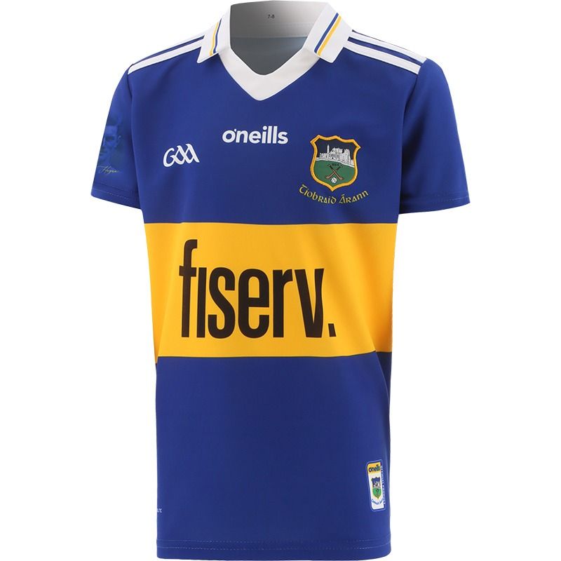 Blue/Yellow Kids' Tipperary GAA Home Jersey 2022 with sponsor logos by O'Neills.