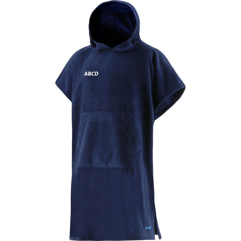 Navy personalised adults swimming towel poncho with hood and front pocket by O’Neills.