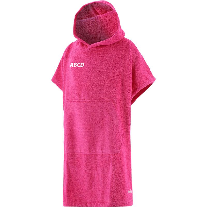 Pink junior swimming towel poncho with hood and front pocket by O’Neills.