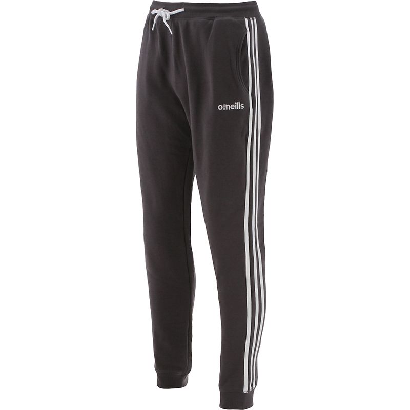 Kid's Dark Grey Fleece Skinny Tracksuit Bottoms with two pockets and White stripes on the sides by O'Neills.