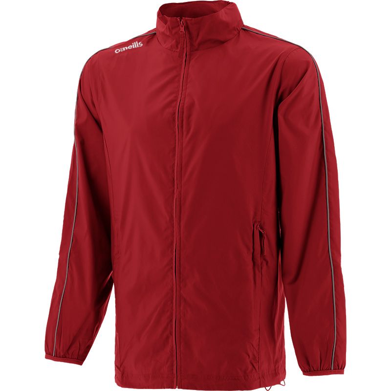 Red Men's lightweight rain jacket with hood and zip pockets by O’Neills.