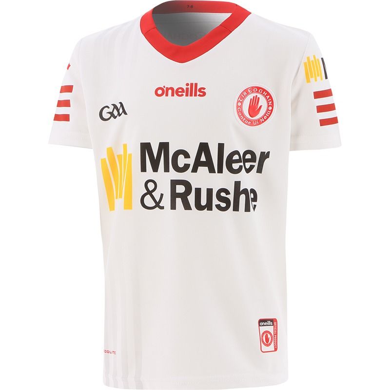 White/Red Kids' Tyrone GAA Home Jersey with sponsor logo by O'Neills.