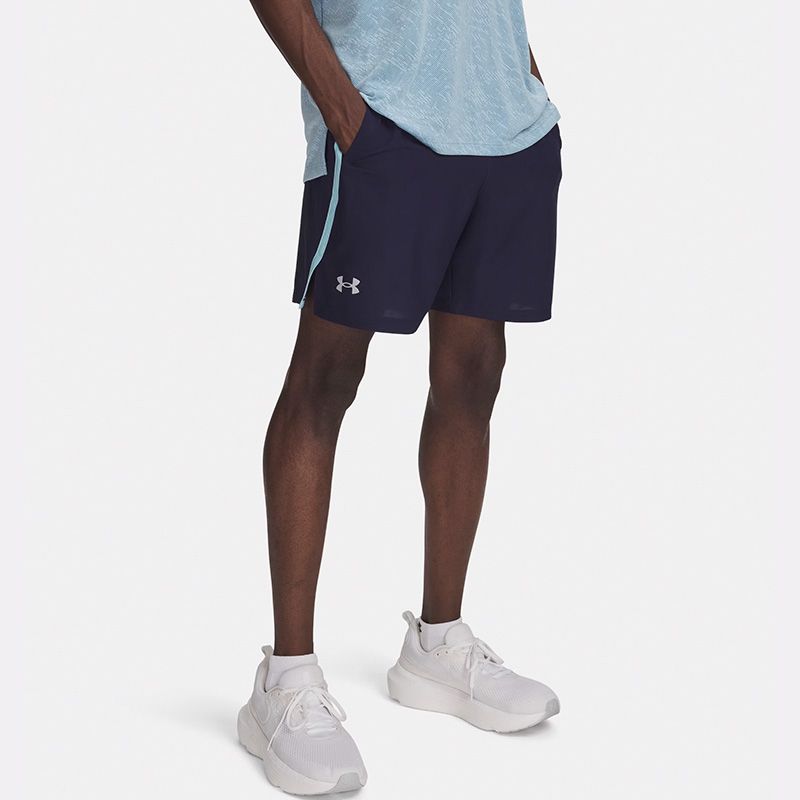 Grey and Blue Under Armour Men's UA Launch 7" Shorts from O'Neills