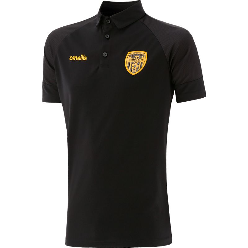 Black / Dark Grey Men’s Derry City FC Victory Polo Shirt with printed shoulder design by O’Neills. 