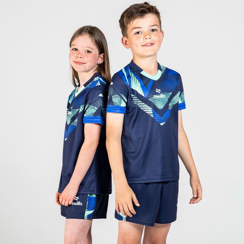 Marine / Royal / Mint Kids’ Volt Summer Sets with matching jersey and shorts by O’Neills.