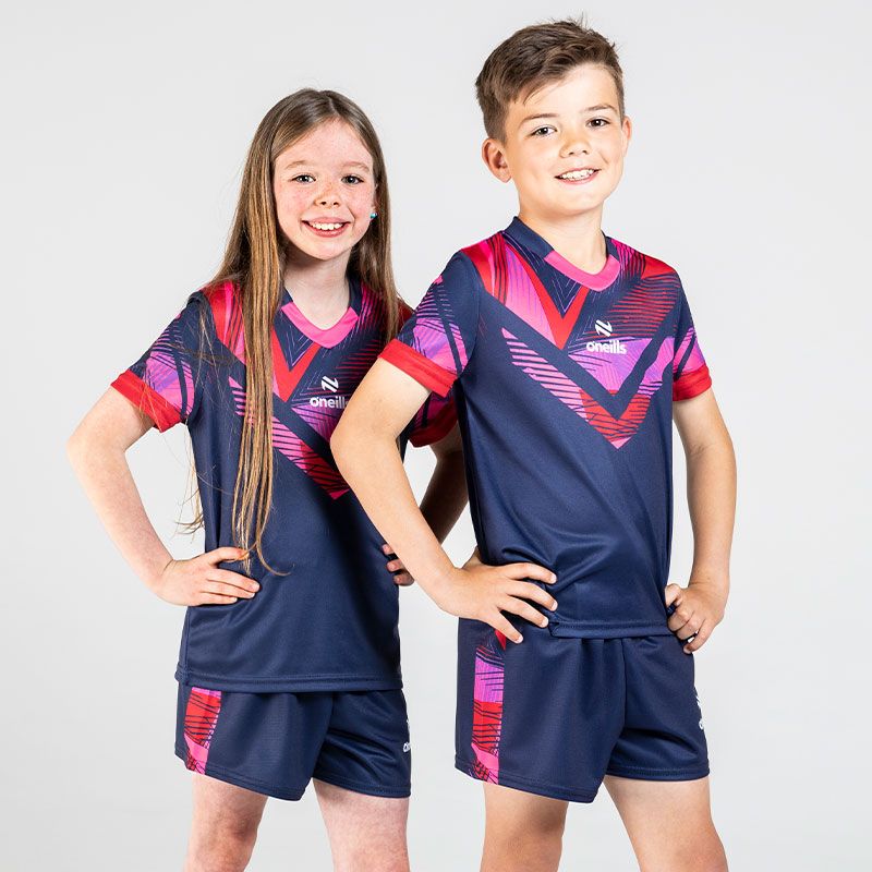 Marine / Red / Purple Kids’ Volt Summer Sets with matching jersey and shorts by O’Neills.