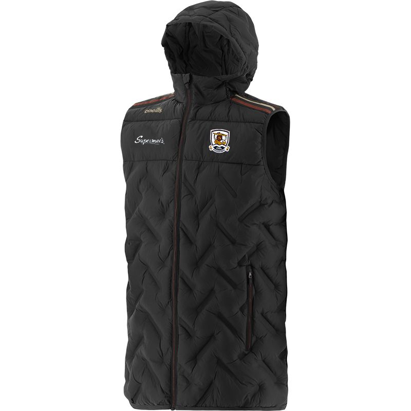 Black Kids' Dublin GAA Weston Hooded Padded Gilet with hood and two zip pockets by O’Neills.