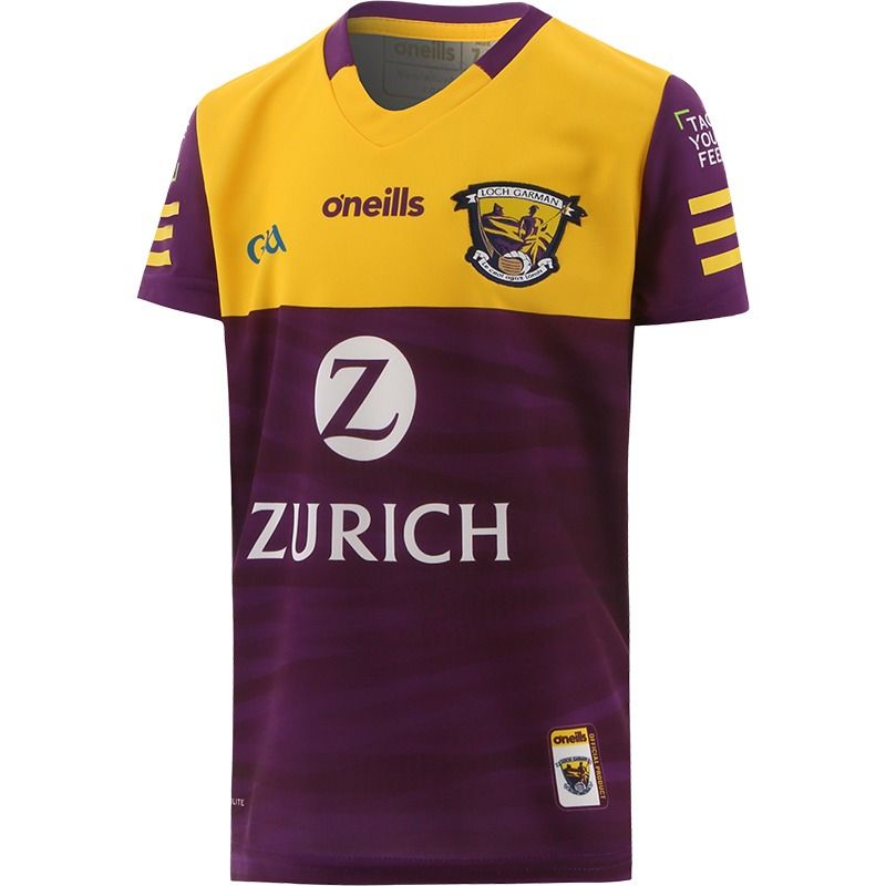 Purple/Yellow Kids' Wexford GAA Home Jersey 2022 with sponsor logos by O'Neills.