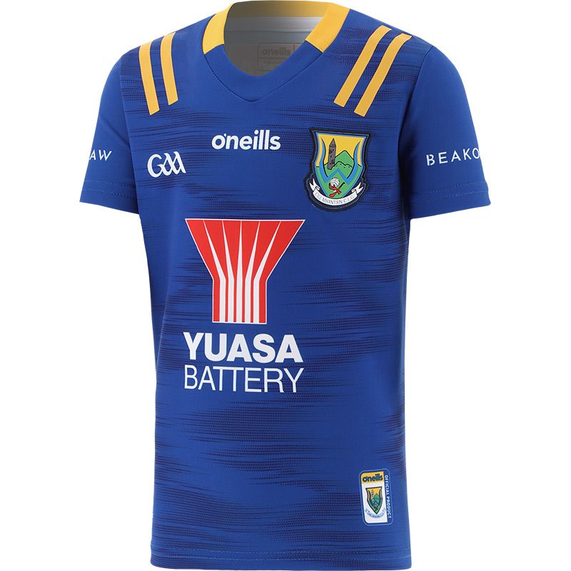 Blue Wicklow Hurling Kids' 2 Stripe Home Jersey 2023 from O'Neills.