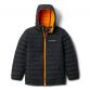 Black Columbia kids' padded coat with hood and bright orange zip from O'Neills.