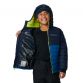 Navy and blue Columbia boys padded hooded jacket with green zip and inner hood from O'Neills.