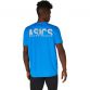 Blue men's ASICS KAtakana running t-shirt with short sleeves, silver spiral logo and Japanese symbols on back from O'Neills.