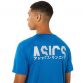 Blue men's ASICS Katakana running t-shirt with short sleeves, silver spiral logo and Japanese symbols on back from O'Neills.
