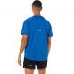 Blue ASICS men's running t-shirt with a reflective spiral logo and printed shoulders from O'Neills.