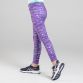 Purple girls sports leggings with splatter print design and hidden pocket in the waistband by O’Neills.