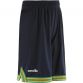 Navy kids’ basketball ball shorts with green woven tape detail and Éire printed on the left leg by O’Neills.