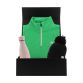 Women’s Winter Warmer Gift Box with a Green Cairo Half Zip Fleece, Black Arc Bobble hat and Pink Tidal Water Bottle packaged in a gift box by O’Neills.