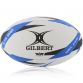 white, black and blue Gilbert size 5 rugby ball featuring a hand stitched durable rubber surface from O'Neills