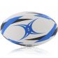 white, black and blue Gilbert size 5 rugby ball featuring a hand stitched durable rubber surface from O'Neills