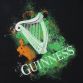Black Guinness Harp T-Shirt with green and orange paint splatter on the front.