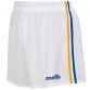 Women's white mourne shorts with royal and amber stripes.