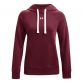 Burgandy women's Under Armour overhead hoodie with embroidered UA logo, white hood drawstrings and kangaroo pouch pocket from O'Neills.