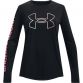 Black and pink Under Armour kids' long sleeve top with wordmark print from O'Neills.