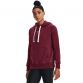 Burgandy women's Under Armour overhead hoodie with white hood drawstrings and kangaroo pouch pocket from O'Neills.