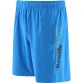 Blue kids woven shorts with side pockets and a printed design and logo on the left leg by O’Neills.