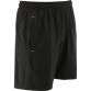 Black men’s woven shorts with a printed design and logo on the left leg by O’Neills.