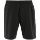 Black kids woven shorts with side pockets and a printed design and logo on the left leg by O’Neills.