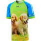 Blue and Green Men’s Be Pawsitive O’Neills ploughing jersey with image of puppies on the front.