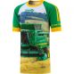 Green and Yellow Men's O’Neills ploughing jersey with an image of a green combine harvester on the front and “Green Roots” printed on the back.