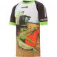 Black and Green Men's O’Neills ploughing jersey with an image of a combine harvester on the front and “Top Claas” printed on the back.