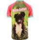 Pink and Green Kids' Melan Collie O’Neills ploughing jersey with image of a collie puppy on the front.