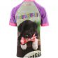 Purple and pink kids’ Ready To Pawty O’Neills ploughing jersey with an image of a puppy on the front.