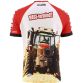 Red Men’s MASS-termind O’Neills ploughing jersey with image of a red tractor on the front.