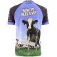 Blue Men’s Now I’ve HERD It All O’Neills ploughing jersey with image of a black and white cow on the front.