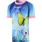 Blue and Pink Kids' Enchanted O'Neills ploughing jersey featuring a magical butterfly design on the front and 'Enchanted' printed on the back.