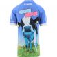 Blue men's O'Neills Ploughing Jersey with an image of a black and white Friesian cow and 