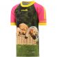 Women's pink and yellow Golden Girls O'Neills Ploughing Jersey with image of golden Labrador puppies and O'Neills ball front view.