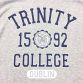 Grey men's trinity College t-shirt with short sleeve and navy print on the front from O'Neills.