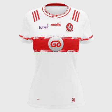 O’Neills White Derry LGFA Goalkeeper Jersey 2025 with ribbed crewneck by O’Neills. 