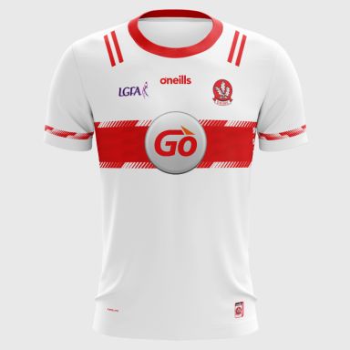 White Derry LGFA Baby Goalkeeper Jersey 2025 with Go sponsor logo on the chest by O’Neills.