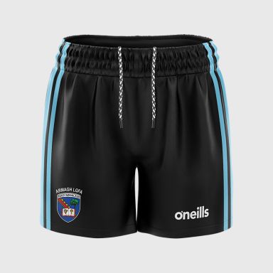 Black Armagh LGFA Kids' Training Shorts with stripe detail on leg by O’Neills.