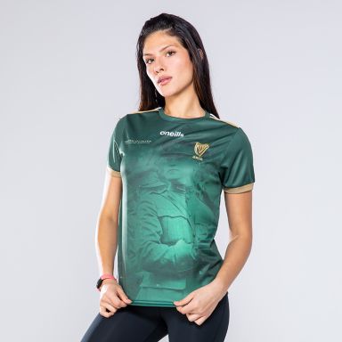 Green Women's Michael Collins Commemoration Jersey with Éire Harp embossed on the sleeve by O'Neills.