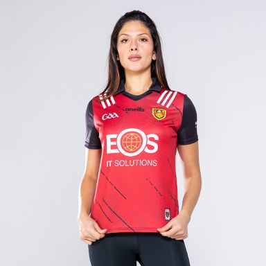 Red and black Women's Down GAA jersey with stripe detail on the shoulders by O'Neills.