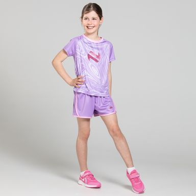Girls Isla T-Shirt & Shorts set in Purple. Swirl print t-shirt and short set with glitter logo from O’Neills.