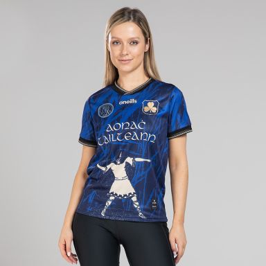 Women's Tailteann Games Jersey Blue with embroidered shamrock crest and knitted collar by O’Neills.